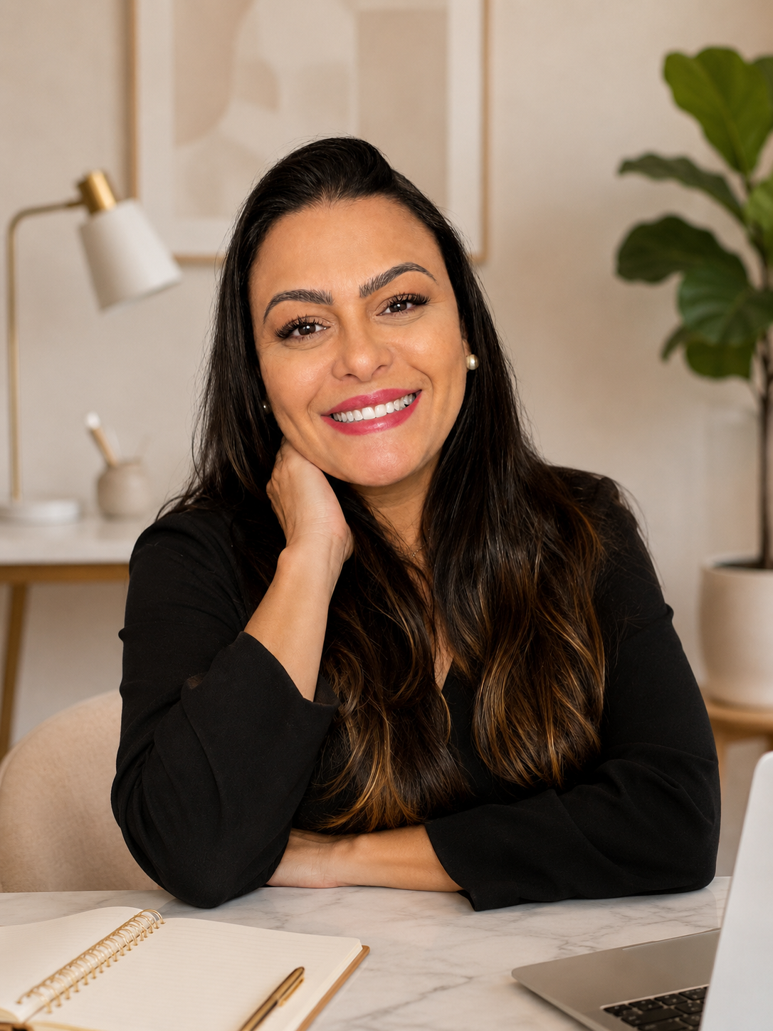 Camila Santos, brow artist and beauty professional, at her studio desk