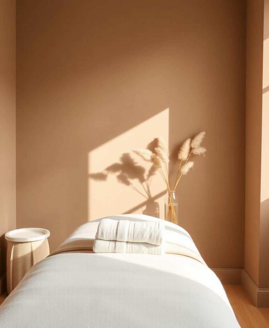 Calm, warm treatment room with folded towels