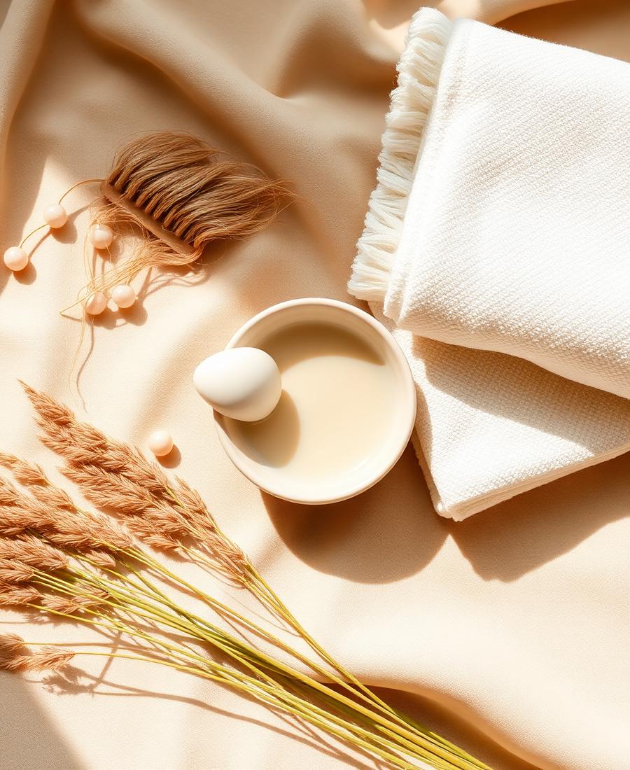 Skincare products arranged on warm linen